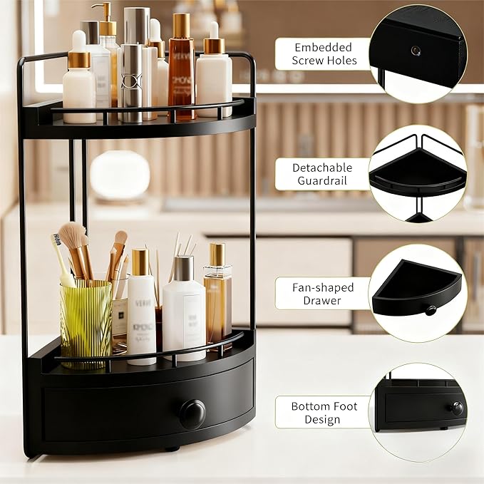 2-Tier Corner Bathroom Counter Organizer with Drawer & Embedded Screw Holes - Wooden Countertop Organizers for Skincare, Make