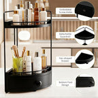 2-Tier Corner Bathroom Counter Organizer with Drawer & Embedded Screw Holes - Wooden Countertop Organizers for Skincare, Make