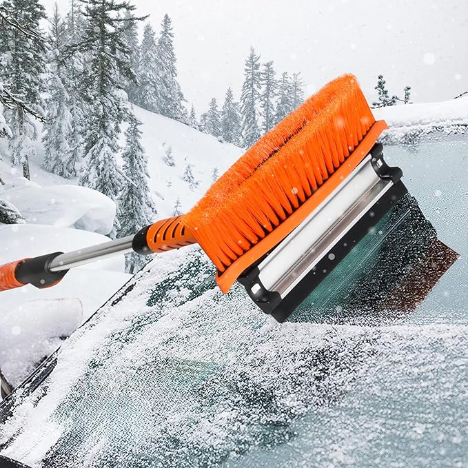 MoNiBloom Extendable Ice Scraper and Brush with Squeegee for Car 4 in 1 Emergency Snow Shovel, Ergonomic Foam Grip and 180° Pivoting Brush Head Car Snow Kit for Cars, Trucks, SUVs, Vehicle