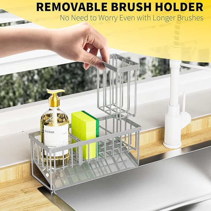 Cisily Sink Caddy Organzier with High Brush Holder, Sponge Holder for Sink, 304 Rustproof Stainless, Kitchen Countertop Soap 