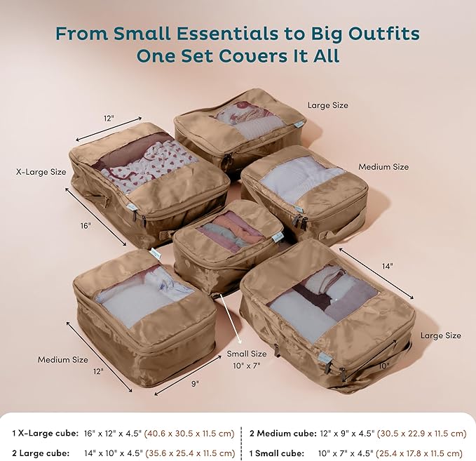 6-Pack Large Compression Packing Cubes for Travel - Lightweight Compression Packing Cube Set, Water-Resistant Luggage Organiz