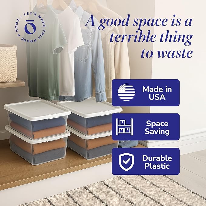 HOMZ 4-Pack Snaplock, Small Clear Plastic Storage Organizer Bins w/Lids, 12 Quart, White - Stackable Container Boxes for Bedr