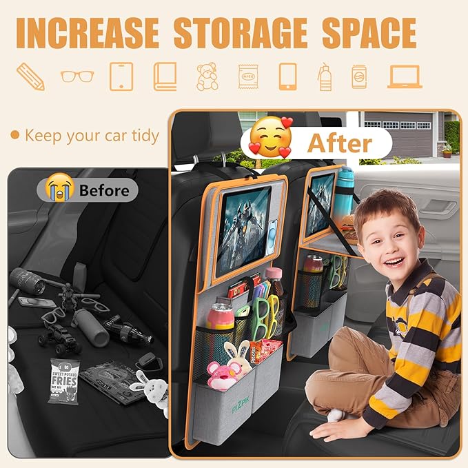 Car Backseat Organizer with Tablet Holder,11 Storage Pockets with Foldable Food Tray, Protector Kick Mats for Kids, Travel Accessories Organizer (Orange, 1Pack with Food Tray)
