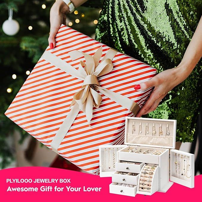 Poyilooo Jewelry Box Organizer, Solid Wood Jewelry Boxes for Women for Storage & Display Necklace Ring Earring Bracelet, Rust