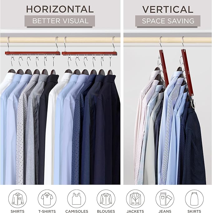 MORALVE Space Saving Hangers for Closet – 4 Pack European Beechwood 6-Tier Shirt Organizer with 360° Swivel Hook – Collapsibl
