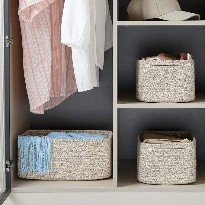 3-Pack Small Storage Baskets for Organizing | Woven Shelf Toy Basket | Rope Baskets for Gifts Empty | Closet Organizer Bins w