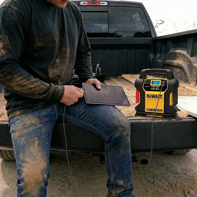 DEWALT DXAEJ14 Digital Portable Power Station Jump Starter - 1600 Peak Amps with 120 PSI Compressor for Tires, Sports