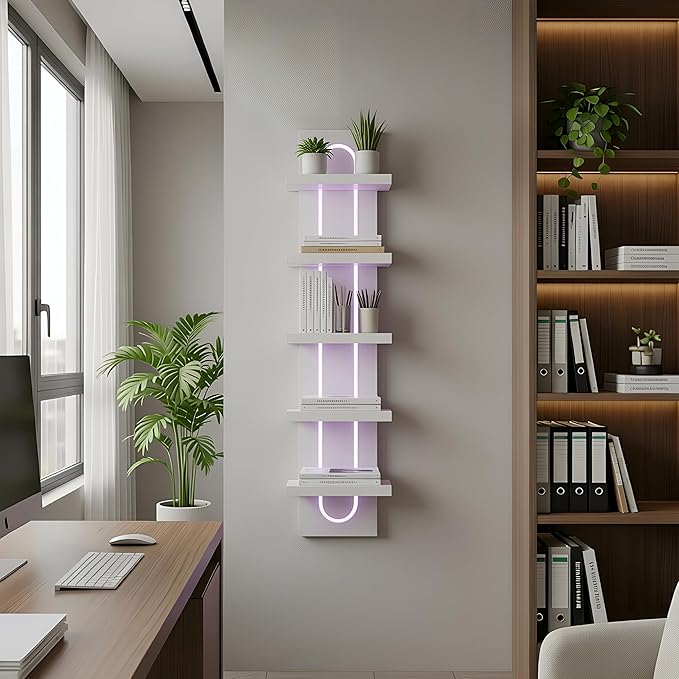 5 Tier Wall Shelf Unit with Light-Small Floating Shelves for Home Decor, Modern Unique Asymmetric Design for Bedroom & Living