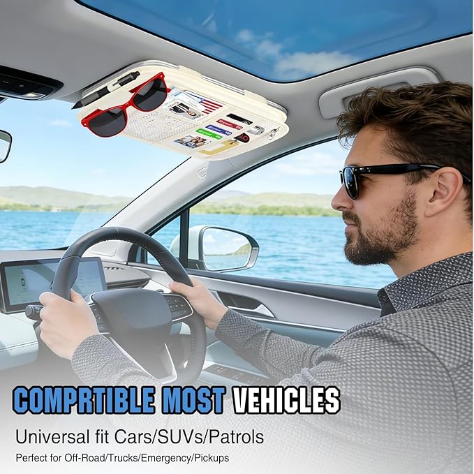 HUANLANG Car Sun Visor Organizer, Tactical Car Accessories with Zipper Storage Pouch, Glasses Clip Card Sleeve Pocket, Multi-Pocket Visor Organizer Fits Most Cars, SUVs, Trucks