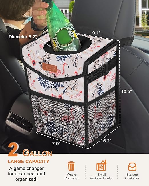 Car Trash Can with Lid, Cute Leakproof Car Trash Garbage Bag Hanging Vehicle Trash Bin Small Portable Automotive Garbage Cans Organizer for Back/Front Seat(Trapezoid,Flamingo Print