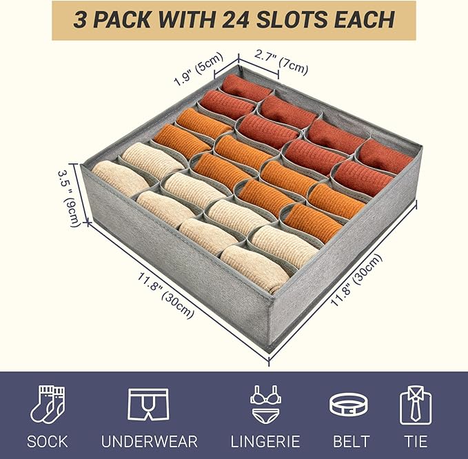 3 Pack 72-Cell Fabric Sock Organizer and Tie Organizer For Men - Fabric Foldable Drawer Divider for Socks, Underwear, Ties an