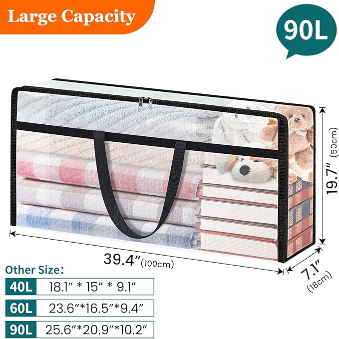 TasticTotes 6 Pack Long Clear Storage Bags for Comforter, Clothes & Bedding, Plastic Blanket Storage with Zipper and Handle, 