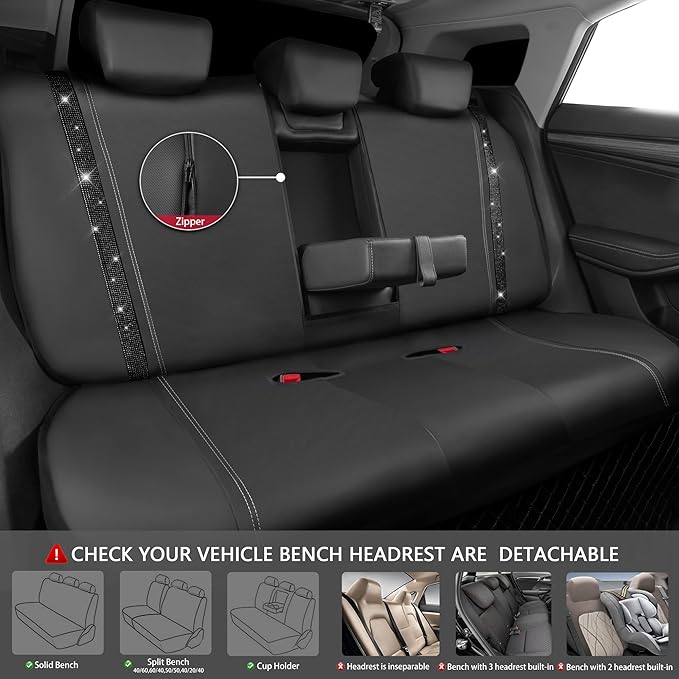 CAR PASS Leather Bling Seat Covers Full Sets 16 pcs, Bling Diamond Car Accessories Set for Women, Sparkly Rhinestone Steering