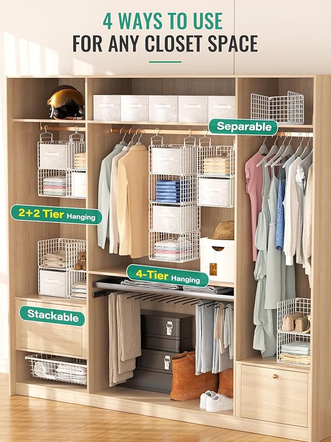 Hanging Closet Organizer with Drawers, 4 Tier Metal Closet Organizers and Storage with 4 Hanging Hooks 4 S-Hooks for Wardrobe