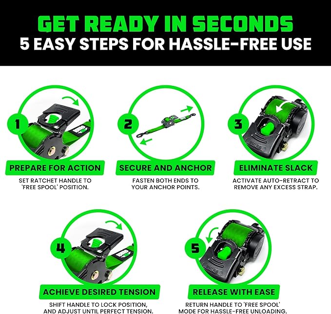 Rhino USA Retractable Ratchet Straps (2-Pack) - 1 Inch x 10 Feet (1,209lb Break Strength) - Auto Self Retracting Tie Down Straps for Truck, Cargo Trailer, Motorcycle, ATV, UTV - Green