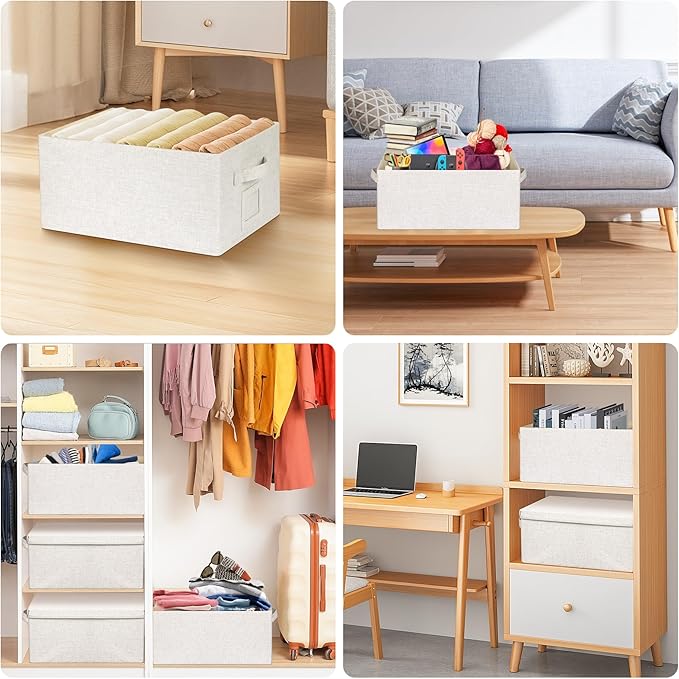 Large 17''x12'' Quart Collapsible Stackable Storage Bins with Lids, 6 Packs Off White Fabric Closet Boxes with Lids, Storage 