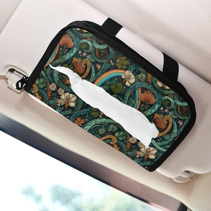 Car Tissue Holder Car Visor Organizer Tissue Box Holder for Car Sun Visor Organizer with Car Vehicle Accessories Essentials Interior for Women Men Teal Vines Flowers Rainbow St.Patrick