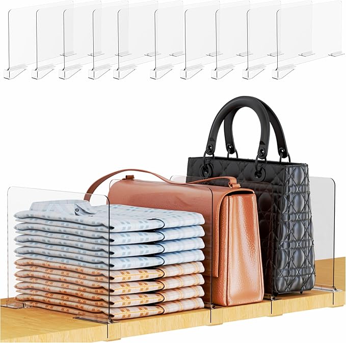 Yieach 10 Pack Towel,Sweater,Purse Organizer and Acrylic Shelf Dividers for Closet Organization - Adjustable Height - Vertica