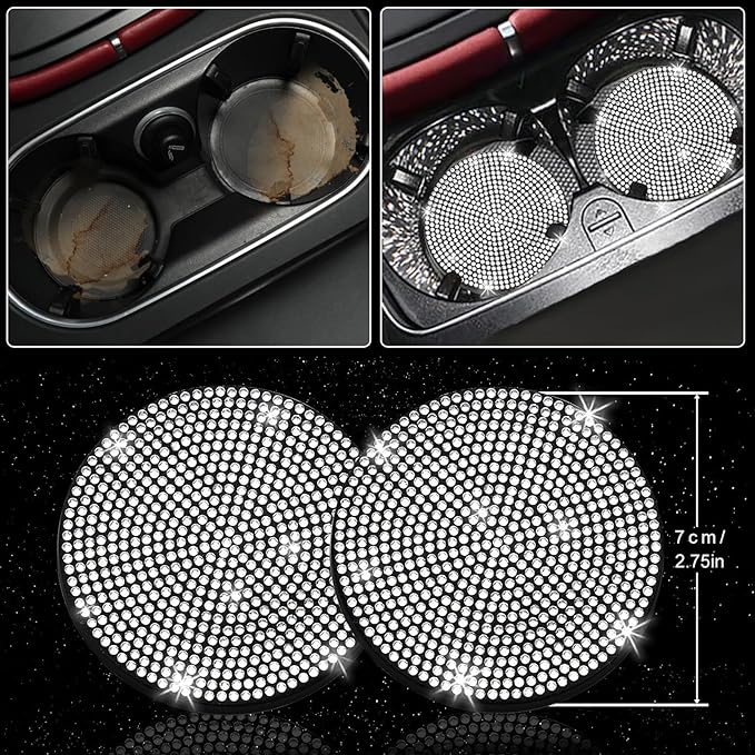 NBTEPEM 30 Pcs Bling Car Accessories Set for Women, Silver Steering Wheel Cover Set, Bling Console Cover, Seat Belt Cushion, Shift Knob Cushion, Cup Holder Coaster, Rhinestone Car Hanging Accessories
