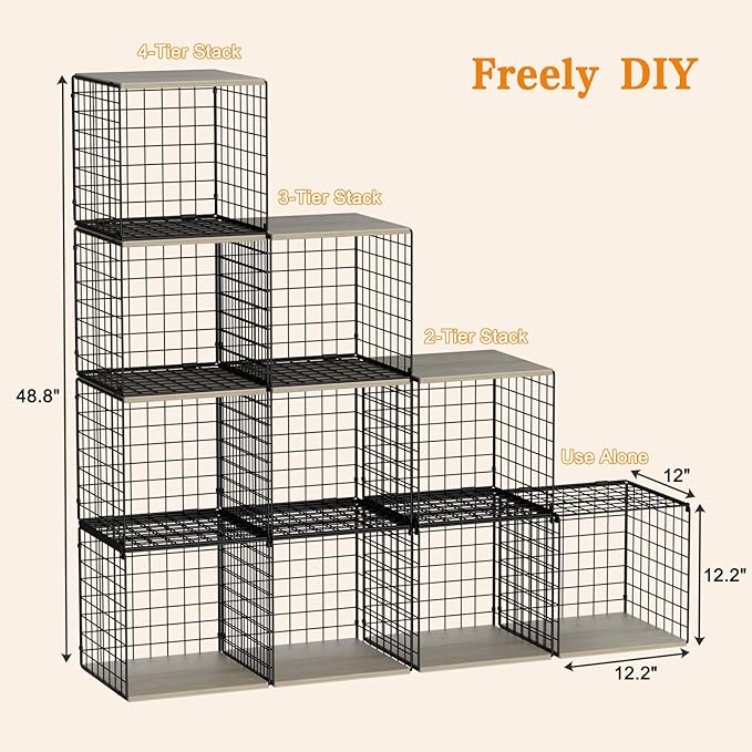 4-Tier Stackable Closet Organizers and Storage Basket, Shelves with Wood Top, Foldable Clothes Storage Bin/Cube Drawer Organi