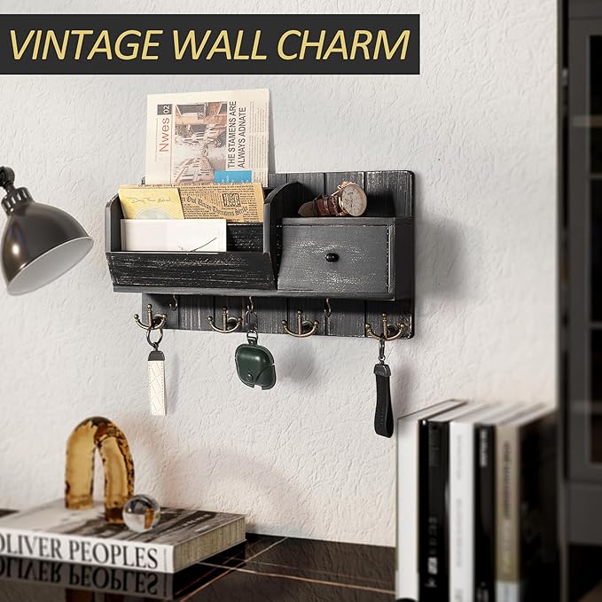 Rebee Vision Key Holder Wall Mount with Drawer & Mail Sorter – Rustic Wall Mail Organizer with Key Hooks for Entryway, Office