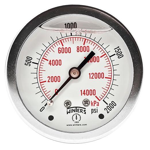 Winters 2-1/2" Dial Size, Liquid Filled Industrial Pressure Gauge, Brass Internals, Stainless Steel Case, Dual Scale 0-2,000 psi/kPa, 1.5% Acc, 1/4" NPT Back Mount, Glycerin Filled Pressure Gauge
