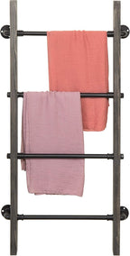 MyGift Wall Mounted Blanket Ladder Farmhouse Gray Wood and Industrial Metal Pipe Towel Hanging Rack
