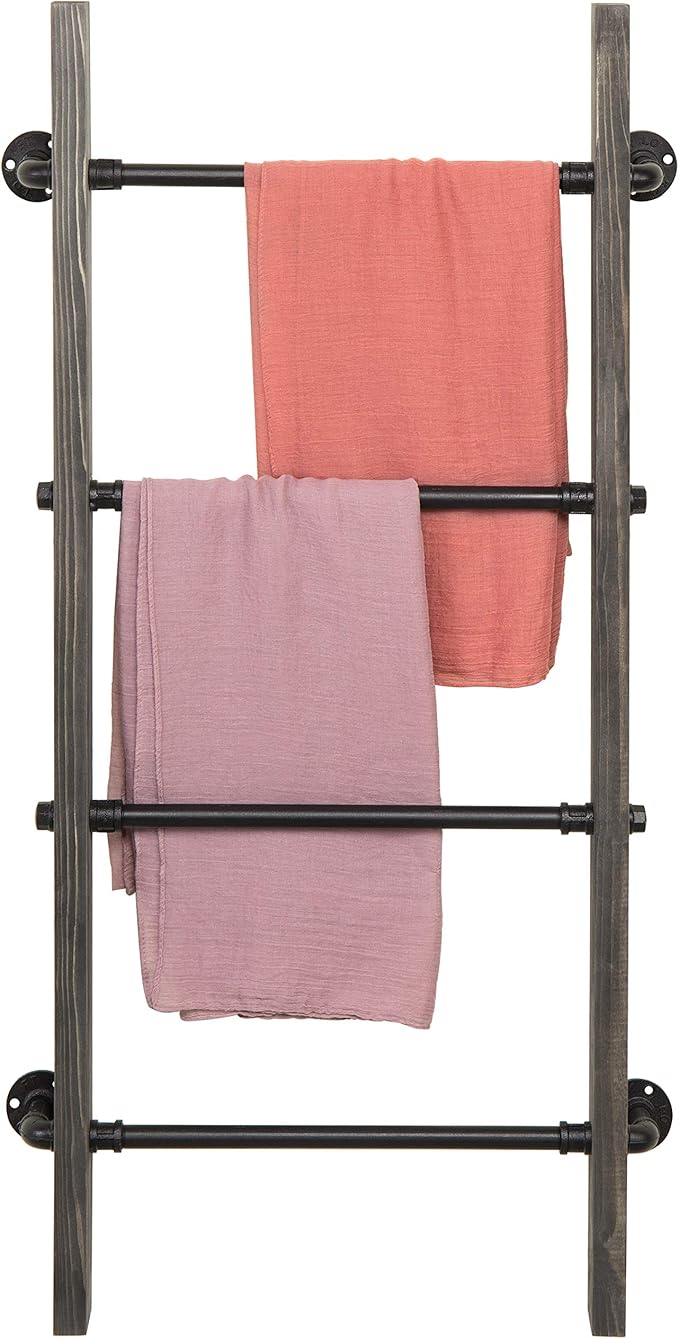 MyGift Wall Mounted Blanket Ladder Farmhouse Gray Wood and Industrial Metal Pipe Towel Hanging Rack