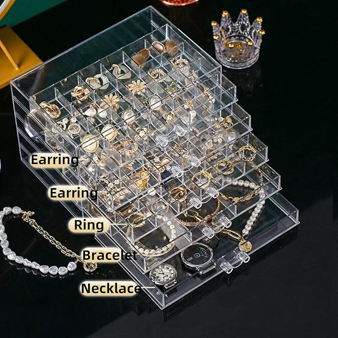 Feadily Acrylic Jewelry Organizer Box, Jewelry Drawer Organizer With 5 Drawers 79 Grids, Clear