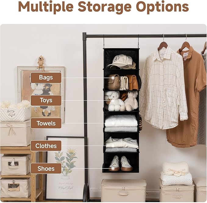 StorageWorks 6-Shelf Hanging Closet Organizers, Foldable Closet Storage Organizer with 2 Side Pockets, Portable Hanging Shelv