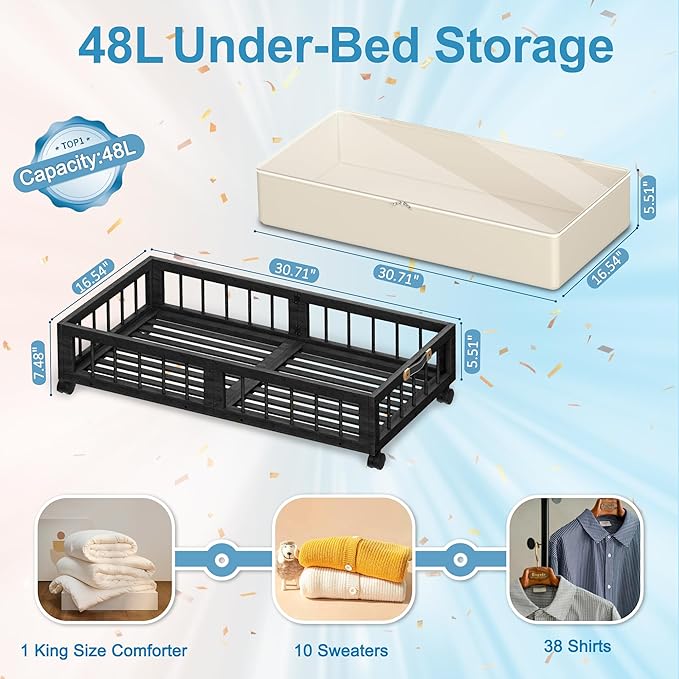 efluky 2-Pack Bamboo Under Bed Storage with Wheels, Rolling UnderBed Storage Basket with Large Dust Bag, Under Bed Storage Co
