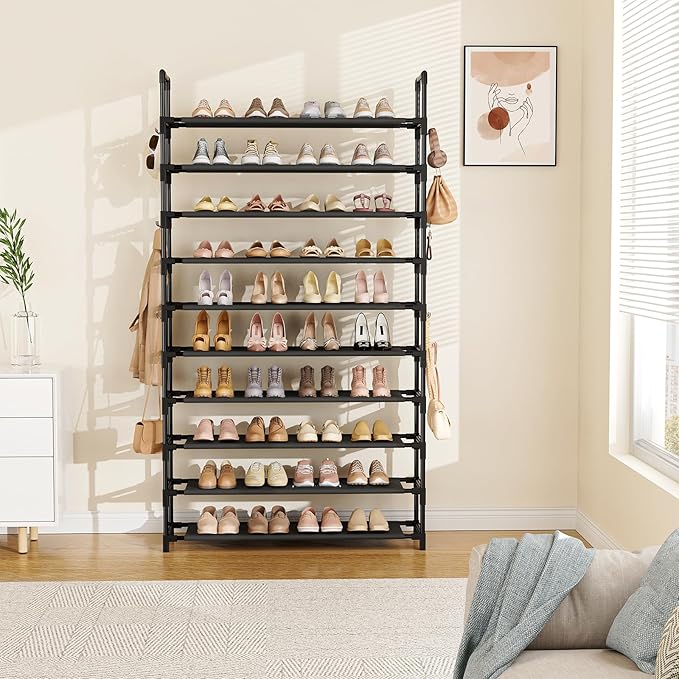 LANTEFUL Tall Shoe Rack 10 Tier Shoe Organizer Large Shoe Shelf with 18 Hooks Storage for 50 Pair, Stackable Vertical Shoe Ra