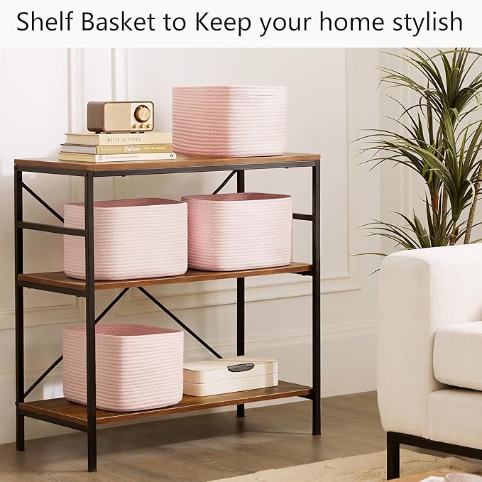 Pink Storage Bins 4 Pack Basket for Shelves Pink Rope Basket for Baby Nursery Organization 12.7"Lx9"Wx7.9"H