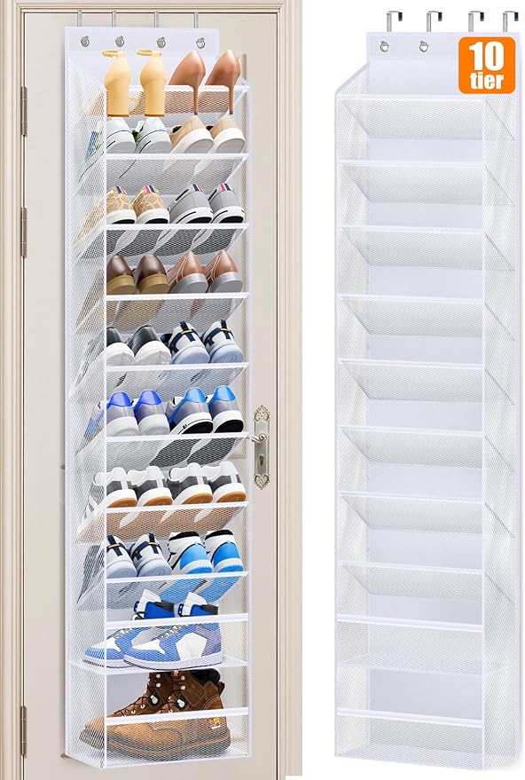 MISSLO 10 Tier Over the Door Shoe Organizer Breathable Mesh Hanging Shoe Rack for Closet Storage Shoe Holder for Door Fit 20 