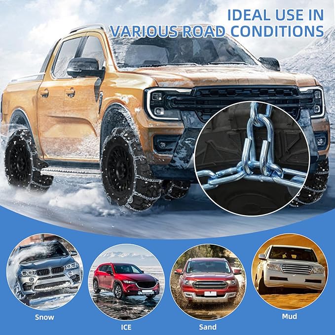 2 Pack Heavy Duty Winter Tire Snow Chains, Universal Fit for Car SUV Pickup Trucks, Reusable Anti Slip Emergency Traction Cha