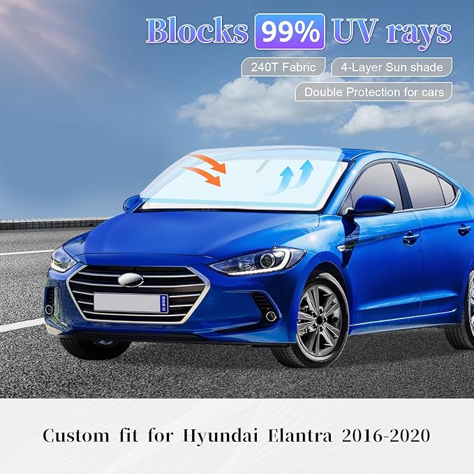for Hyundai Elantra 2016-2020 Sun Shade Sunshade Windshield Cover, 4-Layer Front Window Shade Custom fit Elantra Sun Visor 240T Retractable Shade Shield Blocks UV Rays Cooler Car Accessories