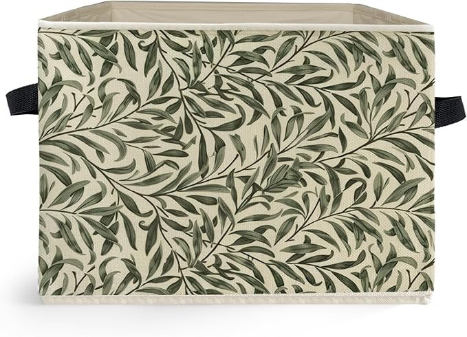 Green Willow Plant Storage Box Bins, Vintage Rustic Botanical Collapsible Storage Basket Organizer for Bedroom Laundry Room H