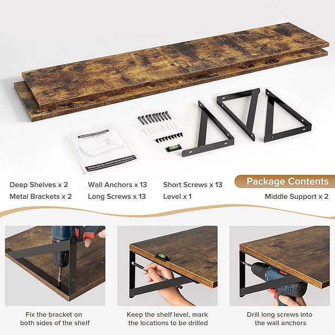 Deep Floating Shelves Wall Mounted, 55"x12" Brown Wood Shelves with Brackets Set of 2 for Bedroom, Living Room, Bathroom, Kit