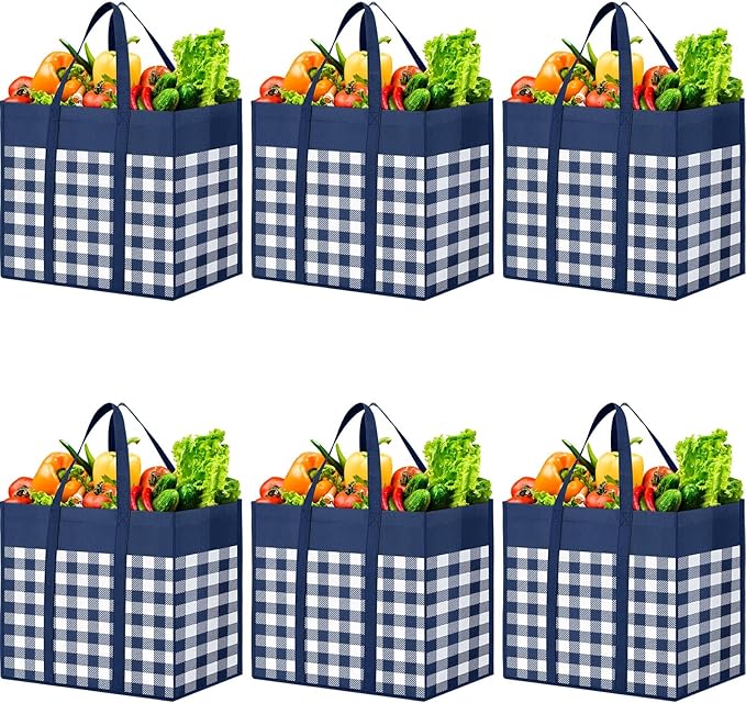 WOWBOX Reusable Grocery Bags,6-Pack, Foldable Reusable Shopping Tote Bags bulk with Reinforced Handles,Large Storage Bags with Water Resistant Coating for Groceries,Multipurpose,Blue-White