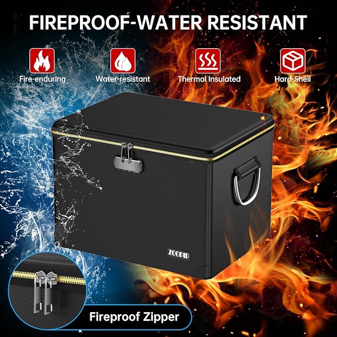 Fireproof Document Box,Hard Case File Organizer with Fireproof Zipper&Threads,Non-Foldable Filing Cabinet with Lock, Portable