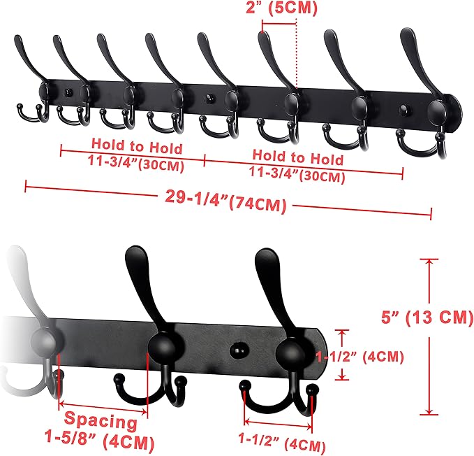 Dseap Coat Rack Wall Mount - 29.5” Long 8-Tri-Hooks Heavy Duty Coat Hanger Rail Wall Hooks for Hanging Coats Hats Clothing Cl