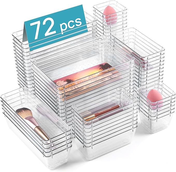 Vtopmart 72 PCS Clear Plastic Drawer Organizers Set + 12Pack Drawer Organizer for Clothes