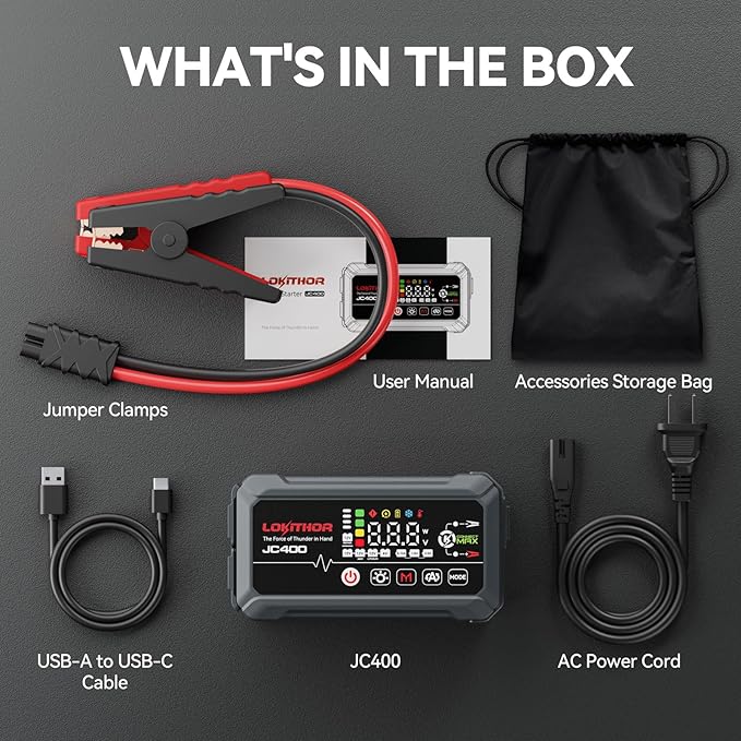 LOKITHOR JC400 9-in-1 Battery Charger and Jump Starter, 2500A 12V Portable Jump Box for Car Upto 8.5L Gas/6.5L Diesel,