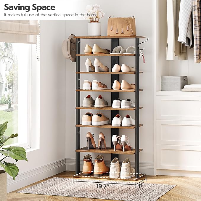 HOOBRO 8 Tiers Vertical Shoe Rack, Wooden Shoe Storage Organizer with Hooks, Narrow Shoe Tower for 16 Pairs, Space Saving, fo