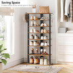HOOBRO 8 Tiers Vertical Shoe Rack, Wooden Shoe Storage Organizer with Hooks, Narrow Shoe Tower for 16 Pairs, Space Saving, fo