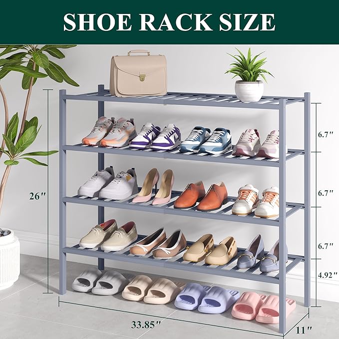 Smiry Bamboo Shoe Rack for Closet, 4 Tier Long Wooden Stackable Shoe Organizer, Free Standing Shoes Storage Shelf for Entrywa