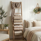 Wooden Blanket Ladder - 76in(7-Rung) Natural Wood Color- Leaning Wall Decor for Bedroom, Bathroom, Living Room - Rustic Quilt