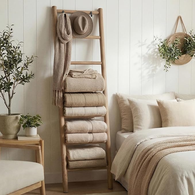 Wooden Blanket Ladder - 76in(7-Rung) Natural Wood Color- Leaning Wall Decor for Bedroom, Bathroom, Living Room - Rustic Quilt