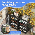 Simple Trending Tall Shoe Rack for Closet, 10 Tiers Narrow Shoe Shelf Holds 20 Pairs, Shoe Organizer Storage with Hooks, Blac