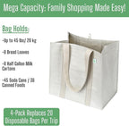 VENO 4 Pack Reusable Grocery Bags, Heavy-Duty Shopping Bags with Handles, Bags for Shopping Cart with Hard Bottom to Stand Upright, Foldable, Multi-Purpose, Sustainable (Beige, 4 Pack)